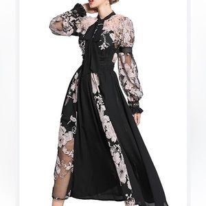 EUC Women’s Formal Feather Trim Sheer Embroidered Dress Size L Large Black